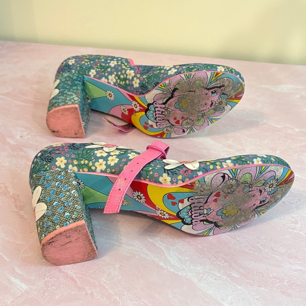 Irregular Choice Green Floral Mary Janes with Pink Straps - Picture 9 of 9
